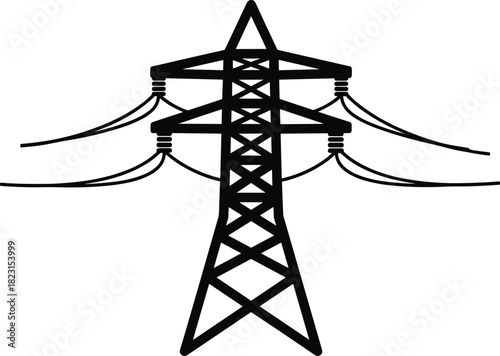 High voltage transmission tower silhouette vector, lattice power pylon illustration, electrical energy infrastructure design, long distance distribution system art, electricity network