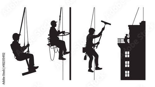 Silhouettes of window washers workers cleaning high-rise buildings vector illustration isolated on white