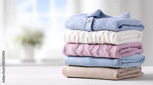 Folded winter clothes stack with sweaters and pants on a clean white background with blank space, suitable for fashion, apparel display, online store layout, and minimalist product advertising