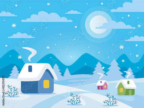 Winter background. Snow is falling. Old houses in the background. Flat illustration.