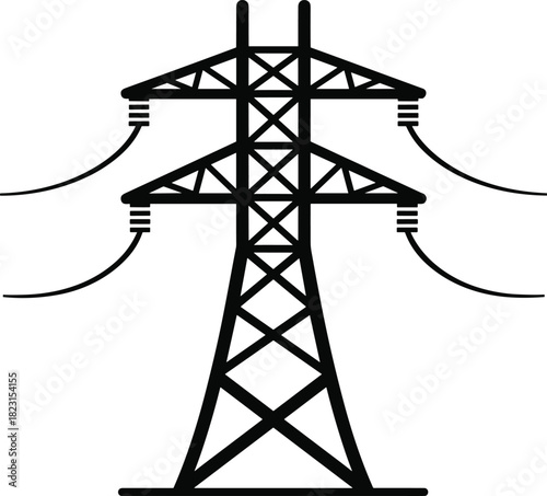 High voltage transmission tower silhouette, electricity power pylon vector illustration, energy infrastructure lattice structure, electrical distribution system, utility grid network design art