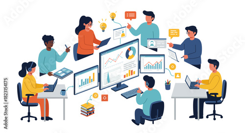 Team Collaboration and Data Analysis in Modern Office.