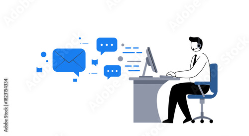 Customer Service Representative Working with Computer and Headset.