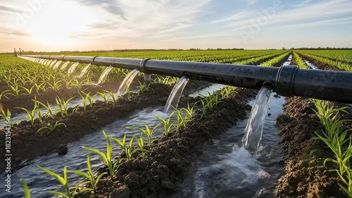 A vast agricultural field stretches into the distance under a bright sky, featuring rows of healthy young crops thriving in rich, dark soil. An advanced irrigation system delivers essential water, wit