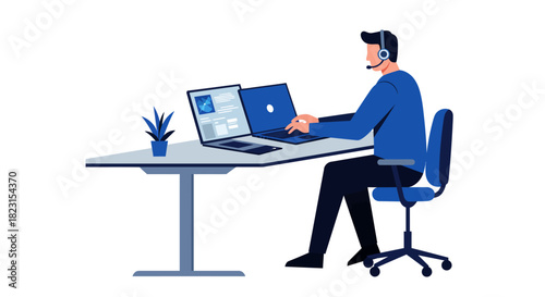 Customer Service Representative Working on Laptop with Headset.