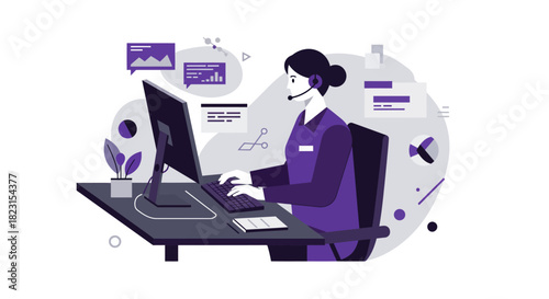 Female Customer Service Representative Working on Computer.