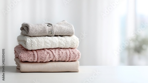 Folded winter clothes stack with sweaters and pants on a clean white background with blank space, suitable for fashion, apparel display, online store layout, and minimalist product advertising