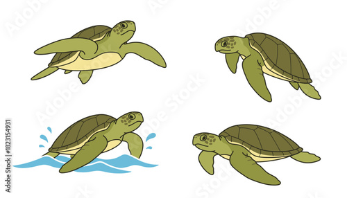 Four Illustrations of Green Sea Turtles Swimming and Splashing in Blue Water