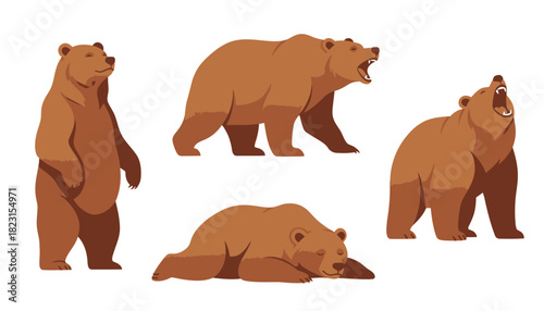 Set of cartoon illustrations of bears in various poses and activities