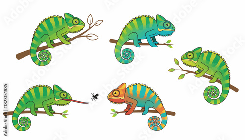 Colorful chameleons perched on branches, one catching a fly with its tongue, playful scene