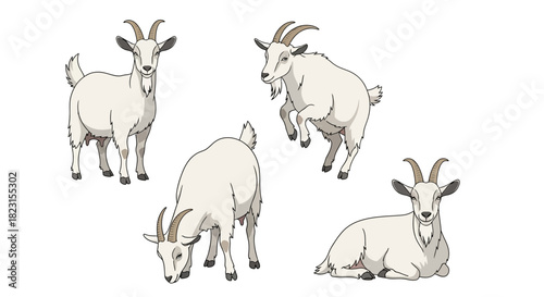 Four stylized white goats depicted in different poses on a plain background