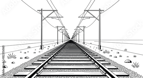Railway track perspective silhouette vector, electrified line with utility poles and wires, rural infrastructure illustration, transportation energy system art, geometry vanishing point design