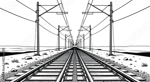 Railway track perspective vector illustration, electric train infrastructure with utility poles and wires, transportation design concept, industrial landscape art, travel network system