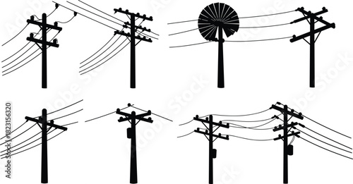 Set of six utility pole silhouettes, electrical distribution infrastructure vector illustration, crossarms