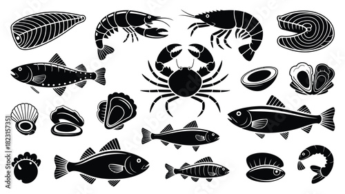 Seafood black silhouette icons and symbols