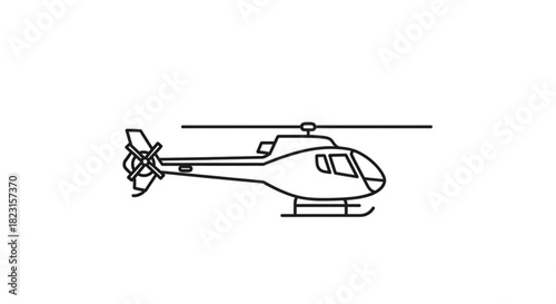 Minimalist line art icon of a modern helicopter, side view illustration representing air travel, transport, and quick services.