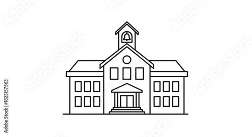 Elementary school building line art icon with a prominent bell tower, representing education, learning, and academic institutions for children.