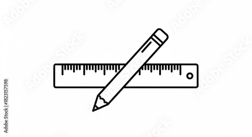 Pencil and ruler icon, simple black outline illustration symbolizing measurement, drawing, drafting, design, school, and office tools