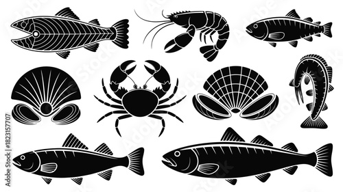 Marine life fish and seafood vector icons