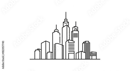 Modern urban cityscape line art illustration featuring diverse skyscrapers and buildings, representing architecture, business, and metropolitan development.