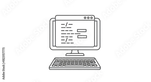 Programming and coding desktop computer monitor with keyboard icon showing software development, web design, or data processing on screen.