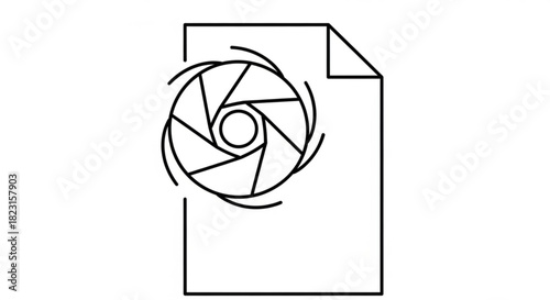Modern line art icon of a digital document file with a camera aperture symbol, ideal for photo editing software or multimedia applications.