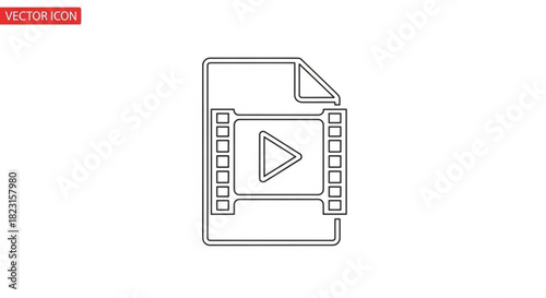 Outline vector icon of a video file format, depicting a film strip and play button, symbolizing multimedia content, digital streaming, and media playback.