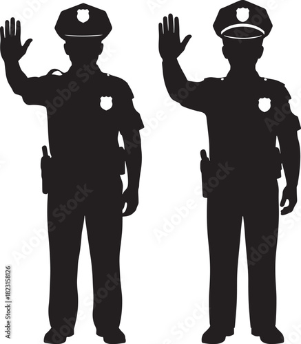 Two police officers silhouette signaling stop gesture