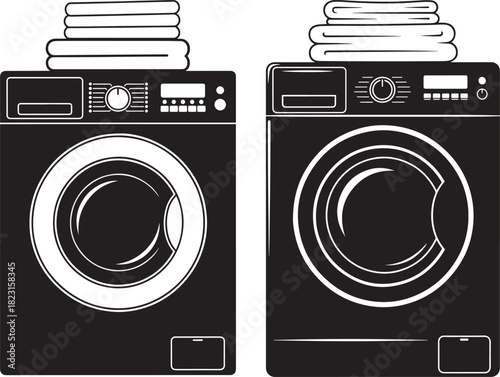 Two washing machines with stacked laundry silhouette