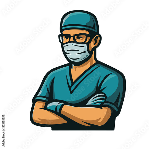 An illustrated surgeon wearing a mask, cap, and scrubs, representing a medical professional.
