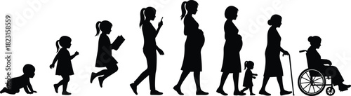 Human life stages silhouette sequence, baby to elderly, crawling, walking, reading, pregnancy, aging, black on white, development icon