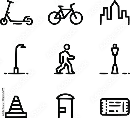 Urban Mobility Outline Icon SetCity Transport and Street Elements