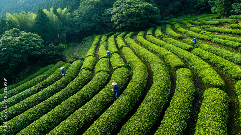 Fototapeta premium Workers harvesting fresh tea leaves in a vibrant green terraced plantation under sunlight
