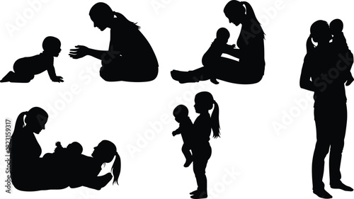 Mother and baby silhouette set, nurturing interaction, holding, sitting, crawling, bonding poses, black on white, caregiving icon