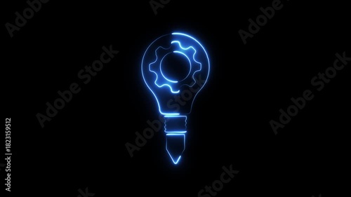 Neon Blue Light Bulb with Gear Inside on Black Background idea innovation