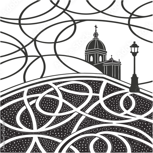 Stylized cityscape with dome and street lamp architecture