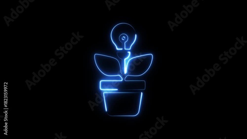 Glowing Blue Neon Lightbulb Plant in Pot Icon on Black Background idea innovation
