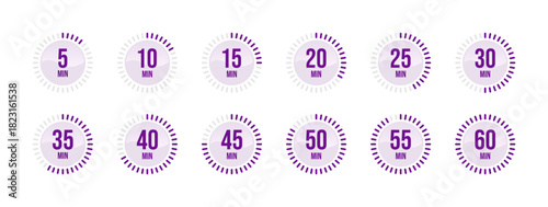 Purple Timer and Stopwatch Icon Set from 5, 10, 15, 20, 25, 30, 35, 40, 45, 50, 55, 60 Minutes – Minimalist Time Illustration