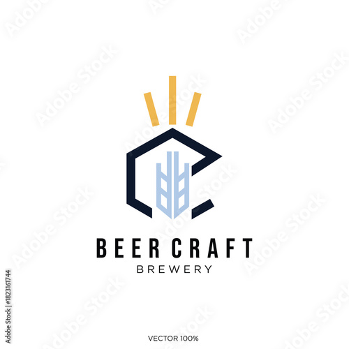 Modern Craft Beer Brewery Logo with Stylized Wheat and Geometric Design