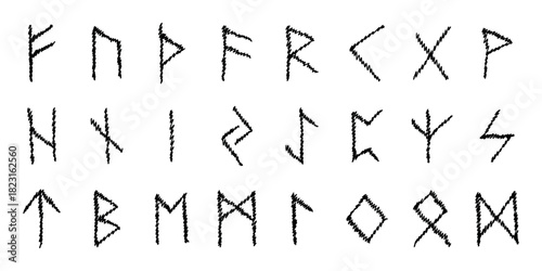 Set of hand drawn viking runes Ancient scandinavian futhark germanic celtic alphabet clipart in doodle style Single element for print, web, design, decor