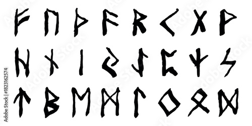 Set of hand drawn viking runes Ancient scandinavian futhark germanic celtic alphabet clipart in doodle style Single element for print, web, design, decor