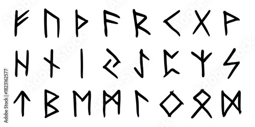 Set of hand drawn viking runes Ancient scandinavian futhark germanic celtic alphabet clipart in doodle style Single element for print, web, design, decor