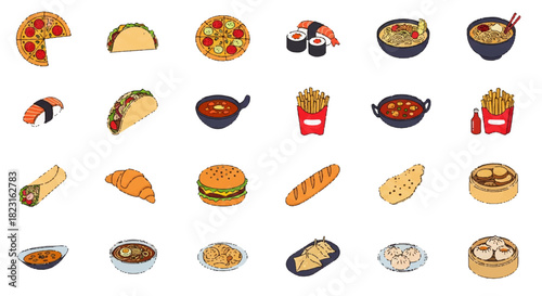 Global Cuisine Icons A Colorful Collection of International Foods