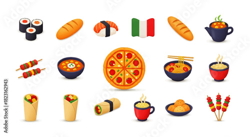 A Diverse Collection of International Food and Drink Icons Representing Various Cuisines