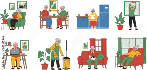 A collection of active senior citizens engaging in daily life activities like reading, socializing, cleaning, exercising, and using a laptop in a cozy home environment vector illustration.