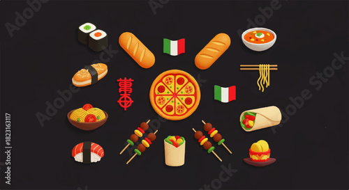 A vibrant collection of diverse 2D vector food icons representing global cuisines from around the world, perfect for restaurant menus or culinary projects