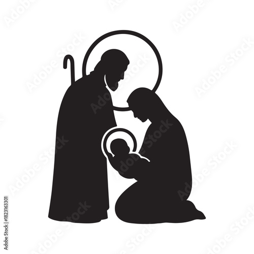 Sacred nativity scene silhouette of the Holy Family, with Mary and Joseph kneeling in adoration of the infant baby Jesus