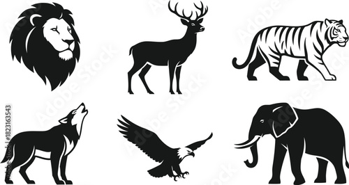 Black and White Animal Silhouettes: Lion, Deer, Tiger, Wolf, Eagle, Elephant