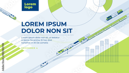Railway transportation: passenger and freight. Presentation cover or background in isometric projection