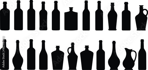 Silhouette collection of diverse bottle shapes with handles, cylindrical and contoured forms, vector illustration for stock content in packaging, branding and product design